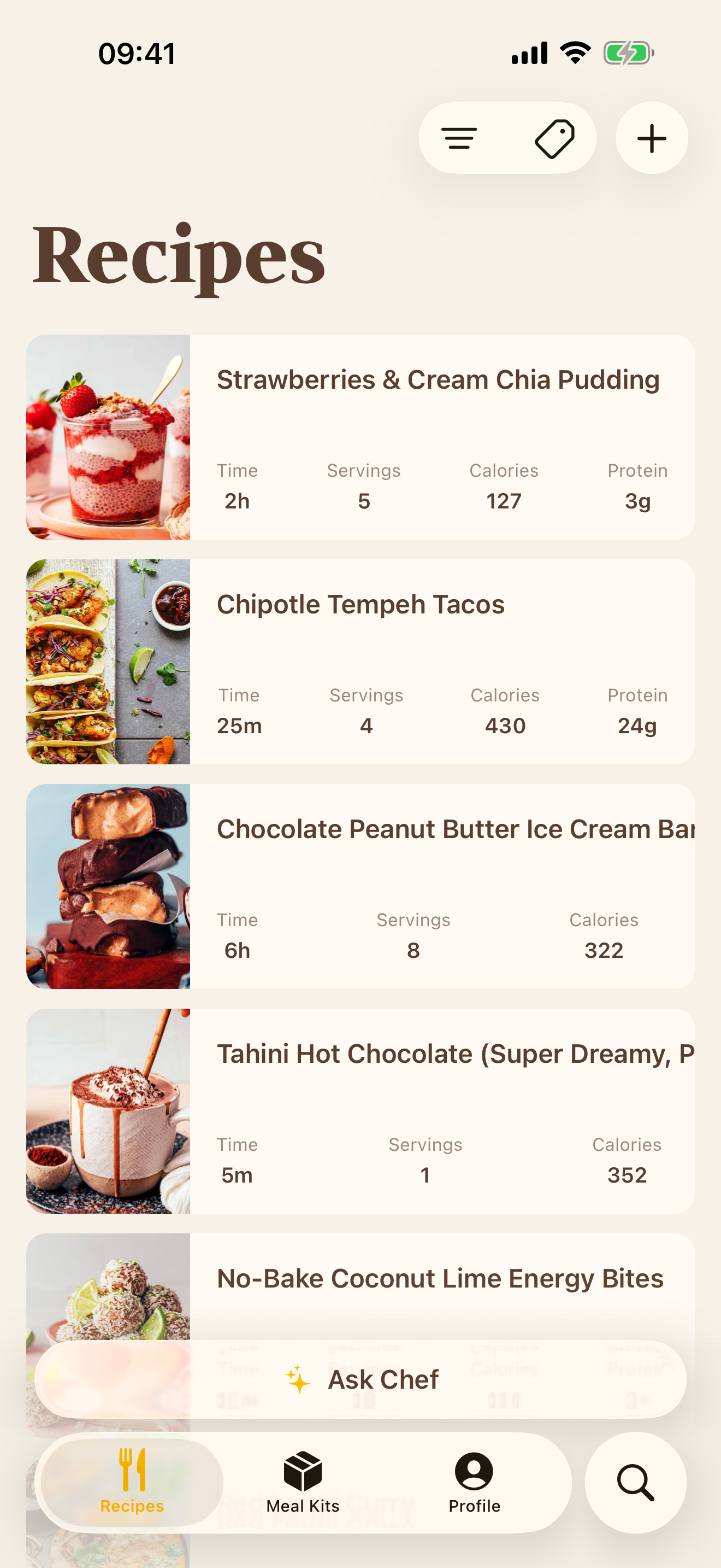 Magic Meal Kit app showing your recipes